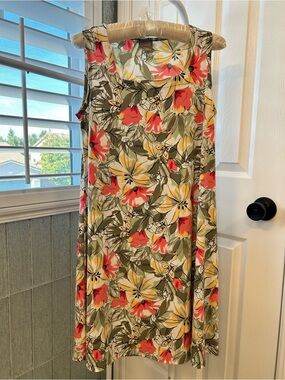 Chico's Olive Green Floral Sleeveless Shift Dress with Coral & Yellow Blooms